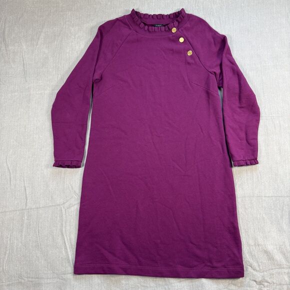 Talbots Dresses & Skirts - Talbots French Terry Ruffle Sweatshirt Dress Medium Purple Gold Button Preppy